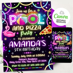 Pizza Pool Party Invitation, Boy Pool Party, Pizza and Pool Party Invite, Swimming Party, Editable Canva Template BS2401