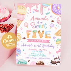 Süße fünf Geburtstagseinladung, 5. Geburtstag Mädchen Donut Einladung Blush Pink Fünfjahres Dessert einladen, bearbeitbare Canva Vorlage BS2401