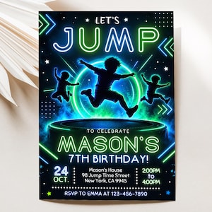 Può includere: Un biglietto d'invito di compleanno rettangolare con un design in stile neon su sfondo nero. Il testo recita LET'S JUMP TO CELEBRATE MASON'S 7TH BIRTHDAY! OCT 24, 2:00PM to 4:00PM, Mason's House, 98 Jump Time Street, New York, CA 9945.