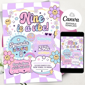 Invitación para fiesta de 9.º cumpleaños, "Nine Is A Vibe", estilo preppy, estilo universitario con estilo retro, plantilla editable de Canva BS2401