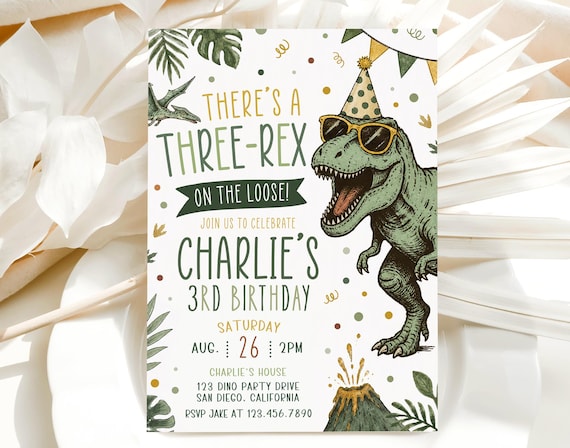 Three Rex Invitation, Dinosaur Invitation, Boy Dino Invite, Three-Rex on the loose, Printed or Digital