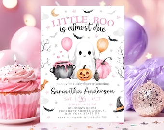 Little Boo jest już prawie gotowe na zaproszenie na baby shower, różowe zaproszenie na halloween dla dziewczynki, zaproszenie na halloween dla ducha, edytowalne BB1