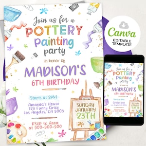 Puede incluir: Una invitación colorida para una fiesta de pintura de cerámica para un 6º cumpleaños. La invitación presenta una ilustración de acuarela de pinceles, paletas de pintura y un tazón de cerámica. El texto de la invitación dice "Únete a nosotros para una fiesta de pintura de cerámica en honor al 6º cumpleaños de Madison".