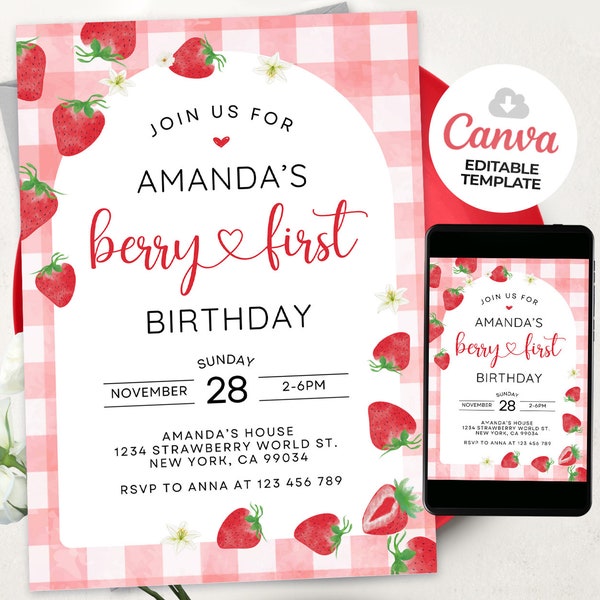 Berry First Birthday Invitation Template, Berry First Birthday Invitation, Gingham Berry First Birthday Invitation, BS240104M