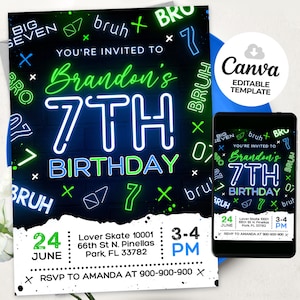 Invito per il settimo compleanno del ragazzo, invito per il compleanno di Bruh, neon, invito a bagliore, modello Canva BS2401