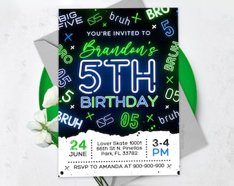 Boy 5Th Birthday Invitation, Bruh Birthday Invitation, Neon, Glow Invitation, Canva Template BS2401