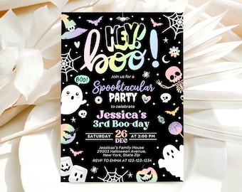 Hey Boo Birthday Invitation, Halloween Party Invite, Pastel Ghost Birthday Invitation, Spooktacular Halloween Party, Editable Canva BS2402