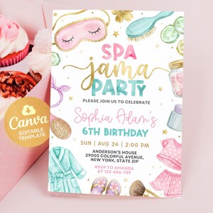 May include: A spa-themed birthday party invitation with the text "SPA jama PARTY" in gold and teal. The invitation includes spa-related illustrations and details for a 6th birthday celebration, with a Canva editable template.