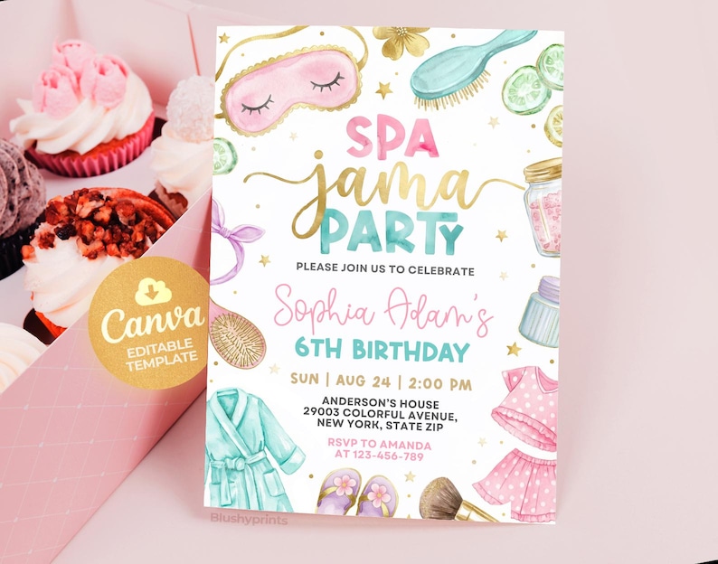 May include: A spa-themed birthday party invitation with the text "SPA jama PARTY" in gold and teal. The invitation includes spa-related illustrations and details for a 6th birthday celebration, with a Canva editable template.