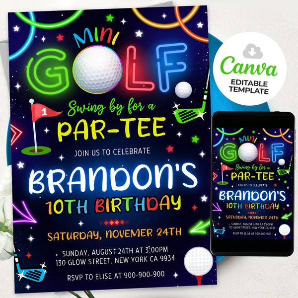 Mini Golf verjaardagsuitnodiging, Golf Party nodigt jongen meisje Mini Golf Neon Glow Gloss Arcade Laser, Canva sjabloon BS240104M
