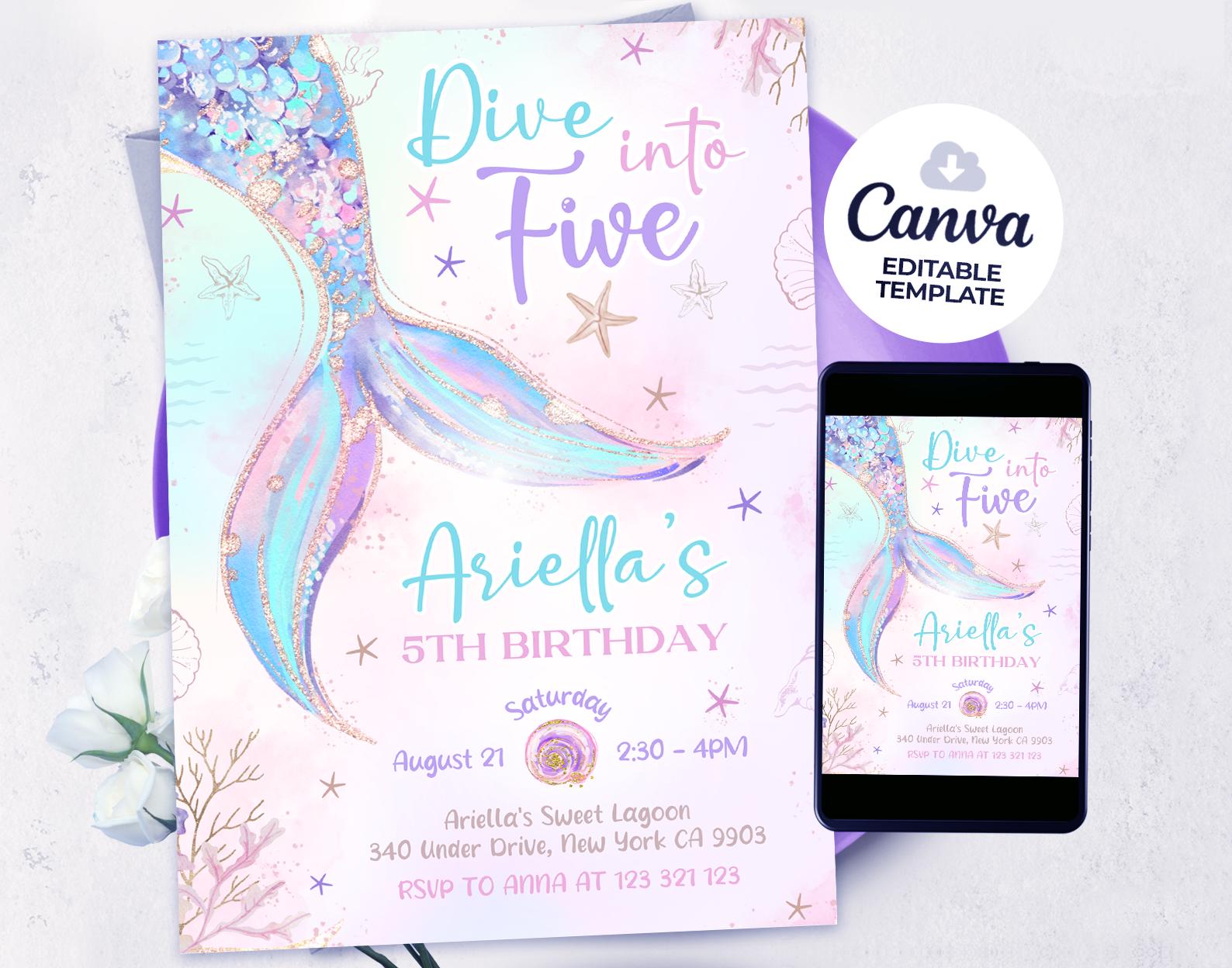 Dive into Five Mermaid Purple Teal 5th Mermaid Birthday Invitation, Little Mermaid Invite, Mermaid Invites, Editable Canva BS2402