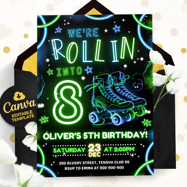 Editable Skating Party Invitation, Party Invitation, Roller Skating, Retro Neon Lights, BS2402