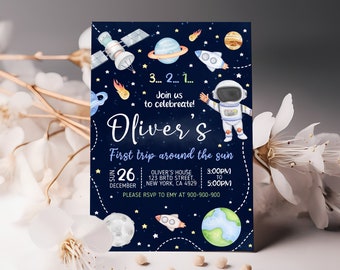 First Trip Around the Sun Outer Space First Birthday Invitation Galaxy Blast Off Printable Templates BS2401