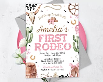 May include: A pink and white invitation for "Amelia's First Rodeo" with cowboy-themed illustrations. The design includes a steer skull, cactus, horseshoe, and a barrel. The invitation includes event details such as date, time, and location.