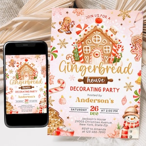 Invitación para fiesta de decoración de casas de jengibre, invitación para fiesta de Navidad, invitación de jengibre, plantilla editable de Canva 02