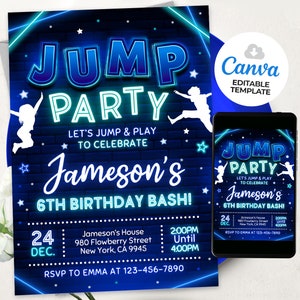 May include: Blue and neon green birthday party invitation with a black brick background. The invitation says "Jump Party" with a silhouette of a child jumping. The invitation is for Jameson's 6th birthday bash. The date is December 24th and the time is 2:00 PM to 4:00 PM. The location is Jameson's House, 980 Flowberry Street, New York, CA 9945. The RSVP is to Emma at 123-456-7890.