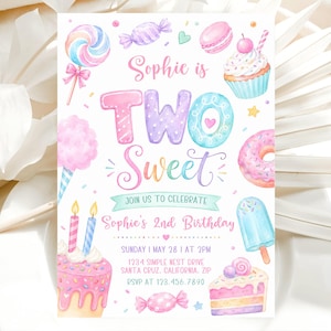 May include: A watercolor invitation for a second birthday party. The design features colorful illustrations of sweets like a lollipop, cupcake, and donut. Text reads "Sophie is TWO Sweet" with party details.