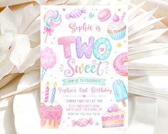 Two Sweet Birthday Invitation, Girl 2nd Birthday Dessert Theme Invite, Birthday Candy Donut Ice Cream Sweets Party, Canva Template