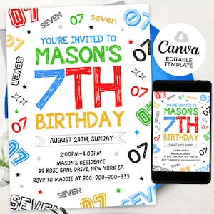 7Th Birthday Invitation, Boy Birthday Invitation, Number Birthday Invitation, Canva Template BS24051
