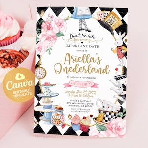 Alice in Wonderland Invitation, Onederland Invitation, 1st Birthday Girl Invitation, Whimsical Tea Party Invite, Editable Template BSP2401