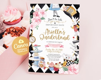 Invitación de Alicia en el país de las maravillas, invitación de Onederland, invitación para el primer cumpleaños de una niña, invitación a una fiesta de té divertida, plantilla editable BSP2401