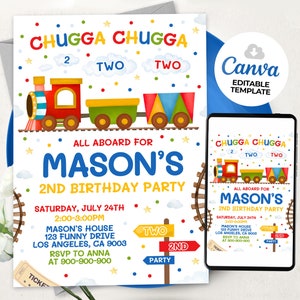 Train Birthday Invitation Train Party Invite Chugga Chugga Two Two 2nd Birthday Boy Blue Vehicle, BS2401