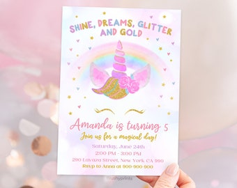 Unicorn Rainbow Birthday Invitation Shine Dreams Glitter and Gold Invitation Girl Party Invite Pastel, BS2401