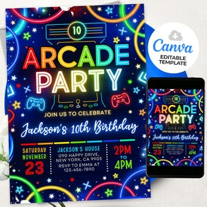 Convite para festa de aniversário de fliperama, convite de fliperama, convite com brilho neon, convites para festa de fliperama, convites para videogame, Canva editável BS2502