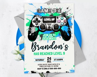 Video Game Party Invitation, Level Up Birthday Invite, Video Gamer Boy Template Arcade Party Invitation, BS2402