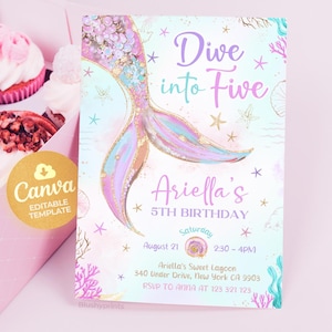 May include: A mermaid-themed birthday invitation with a purple, pink, and gold mermaid tail illustration. The text reads "Dive into Five Ariella's 5th Birthday" with details for the party, including the date, time, and location.