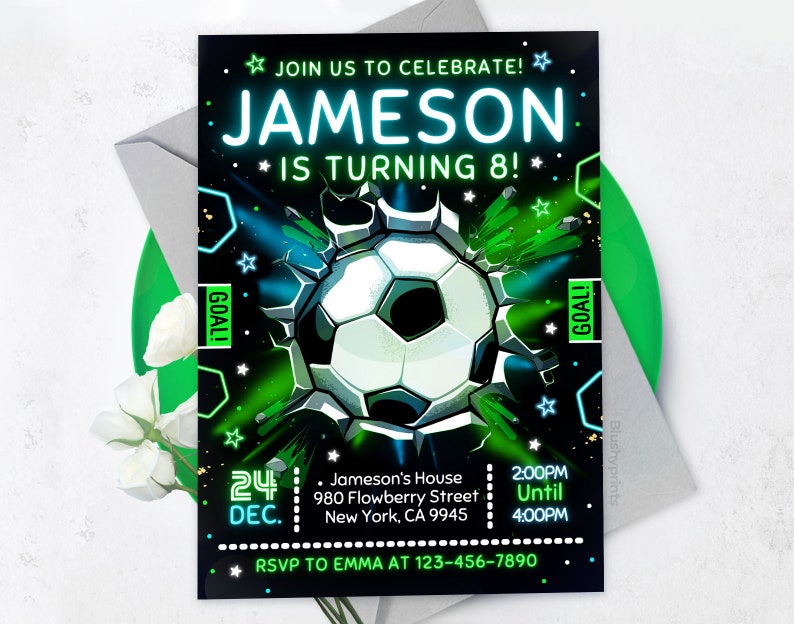 Editable Soccer Birthday Invitation, Boy Soccer Invitation,, BS2401 image 3