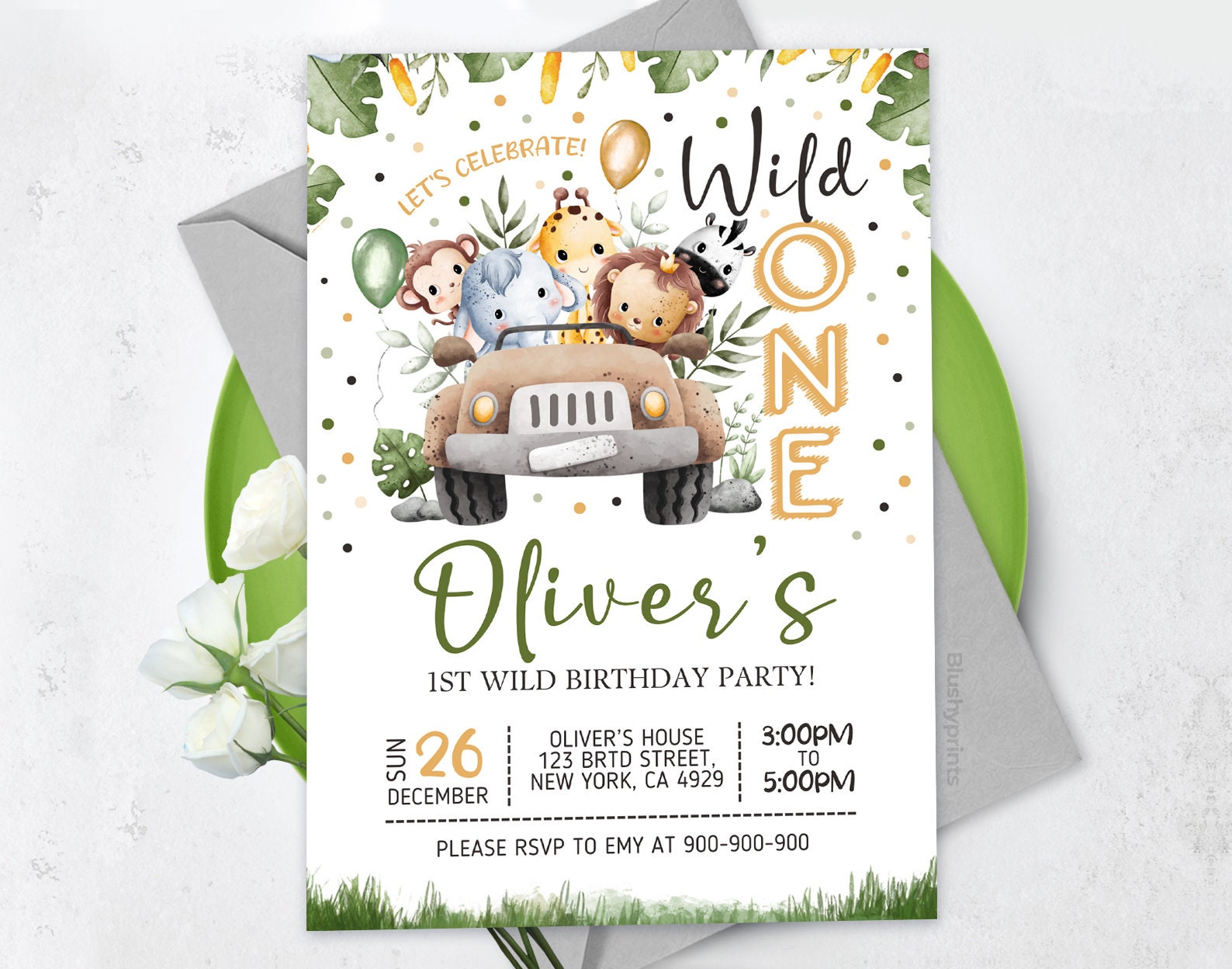 Editable Wild One Birthday Boy Invitation, EDITABLE Safari Animals Party Invite Template, Jungle Safari Theme First Birthday, SPEC01