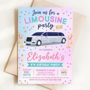 Può includere: Un biglietto d'invito rettangolare con sfondo sfumato azzurro e rosa, raffigurante una limousine bianca, paletti dorati e coriandoli colorati. Il testo recita: Join us for a LIMOUSINE party, Elizabeth's 8TH BIRTHDAY PARTY e i dettagli dell'evento.