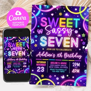 Faire-part d'anniversaire doux et impertinent, 7e anniversaire, 7e faire-part fille, faire-part fluo néon, éditable sur toile BS2501