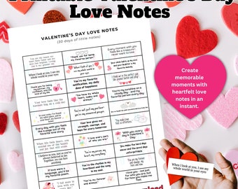 Printable Valentine&#39;s Day Love Notes - 30 Romantic Messages - PDF Instant Download