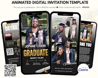 Convite digital preto para formatura, convite animado para a turma de 2026, convite digital para festa de formatura, modelo editável, convite animado para formatura