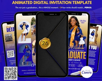 Convite de formatura digital azul e dourado, convite em formato de envelope, convite animado para a turma de 2026, convite digital para festa de formatura, modelo editável