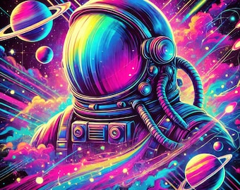 Arte em aquarela de astronauta de ficção científica | Tema espacial colorido (Download digital)