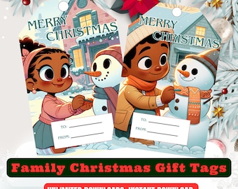 Printable Christmas African American Gift Tags | Set of 12 Family Gift Tags | Snowman Christmas Tags | Holiday Tags | Easy to Print | PDF