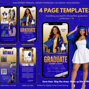 Digital graduation invitation template for Canva with editable graduate photo, party details, and modern blue and gold graduation celebration design.
