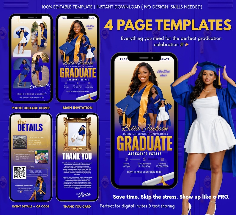 Digital graduation invitation template for Canva with editable graduate photo, party details, and modern blue and gold graduation celebration design.