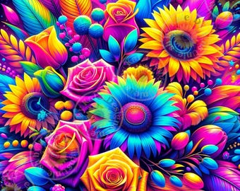 Neon Botanical Flowers PNG: Vibrant Floral Clip Art (Digital Download)
