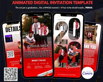 Convite digital de formatura em vermelho e preto, convite animado para a turma de 2026, convite digital para festa de formatura, modelo editável, convite animado para formatura