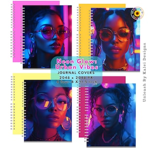 Neon Glow: Urban Vibes Journal Covers, African American Woman, Commerical Use, Digital Download, Easy to Use, Canva Template