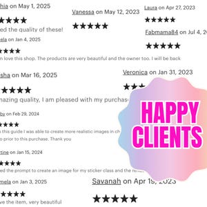 Pode incluir: Gr&aacute;fico com avalia&ccedil;&otilde;es de clientes e um adesivo rosa e roxo que diz "HAPPY CLIENTS". As avalia&ccedil;&otilde;es, com classifica&ccedil;&otilde;es por estrelas, s&atilde;o datadas. A imagem transmite satisfa&ccedil;&atilde;o do cliente e feedback positivo.