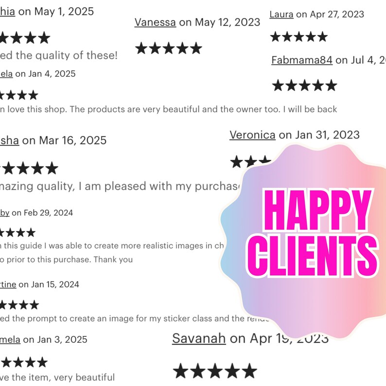 Pode incluir: Gr&aacute;fico com avalia&ccedil;&otilde;es de clientes e um adesivo rosa e roxo que diz "HAPPY CLIENTS". As avalia&ccedil;&otilde;es, com classifica&ccedil;&otilde;es por estrelas, s&atilde;o datadas. A imagem transmite satisfa&ccedil;&atilde;o do cliente e feedback positivo.