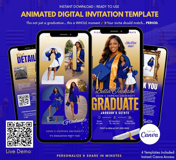 Blue and Gold Digital Graduation Invitation, Animated Class of 2026 Invite,Digital Grad Party Evite, Editable Template, Animated Grad Invite
