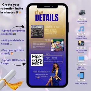 Editable graduation details page template with event information, QR code section, and matching blue and gold Canva graduation invitation design.