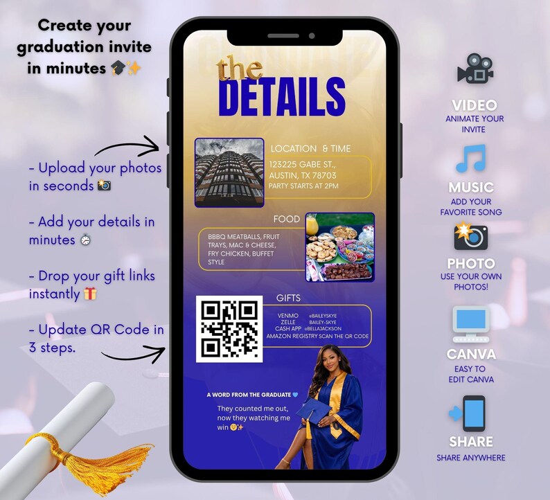Editable graduation details page template with event information, QR code section, and matching blue and gold Canva graduation invitation design.