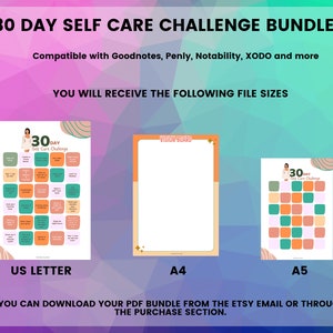 Puede incluir: Un paquete de archivos imprimibles digitales para un desaf&iacute;o de 30 d&iacute;as de cuidado personal. El paquete incluye tres p&aacute;ginas imprimibles: un rastreador de desaf&iacute;os de cuidado personal, un tablero de visi&oacute;n y un rastreador de desaf&iacute;os de cuidado personal m&aacute;s peque&ntilde;o. Las p&aacute;ginas est&aacute;n dise&ntilde;adas para usarse con aplicaciones de toma de notas digitales como Goodnotes, Penly, Notability y XODO. Las p&aacute;ginas est&aacute;n etiquetadas con los tama&ntilde;os de papel est&aacute;ndar: US Letter, A4 y A5.